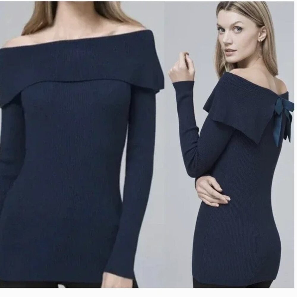 WHITEHOUSE BLACK MARKET NWT Off Shoulder Bow Back Ribbed River Teal Sweater sz S